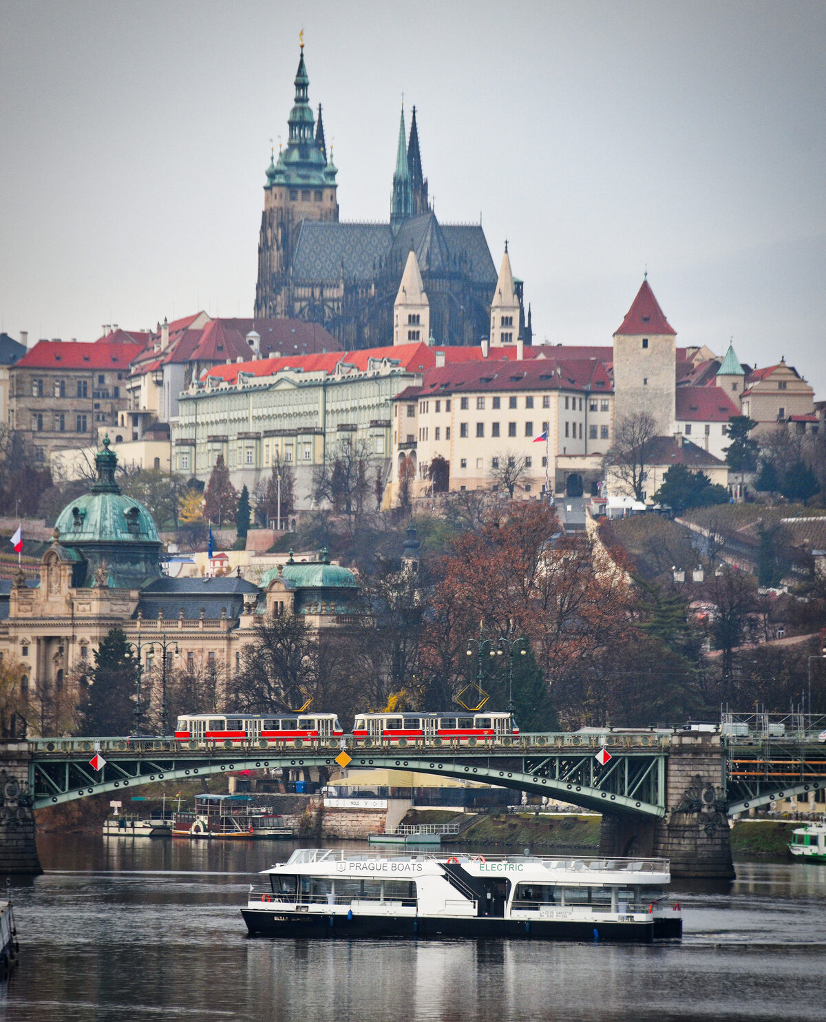 Tram 22 in Prague with Prague Castle visible on the hill above
